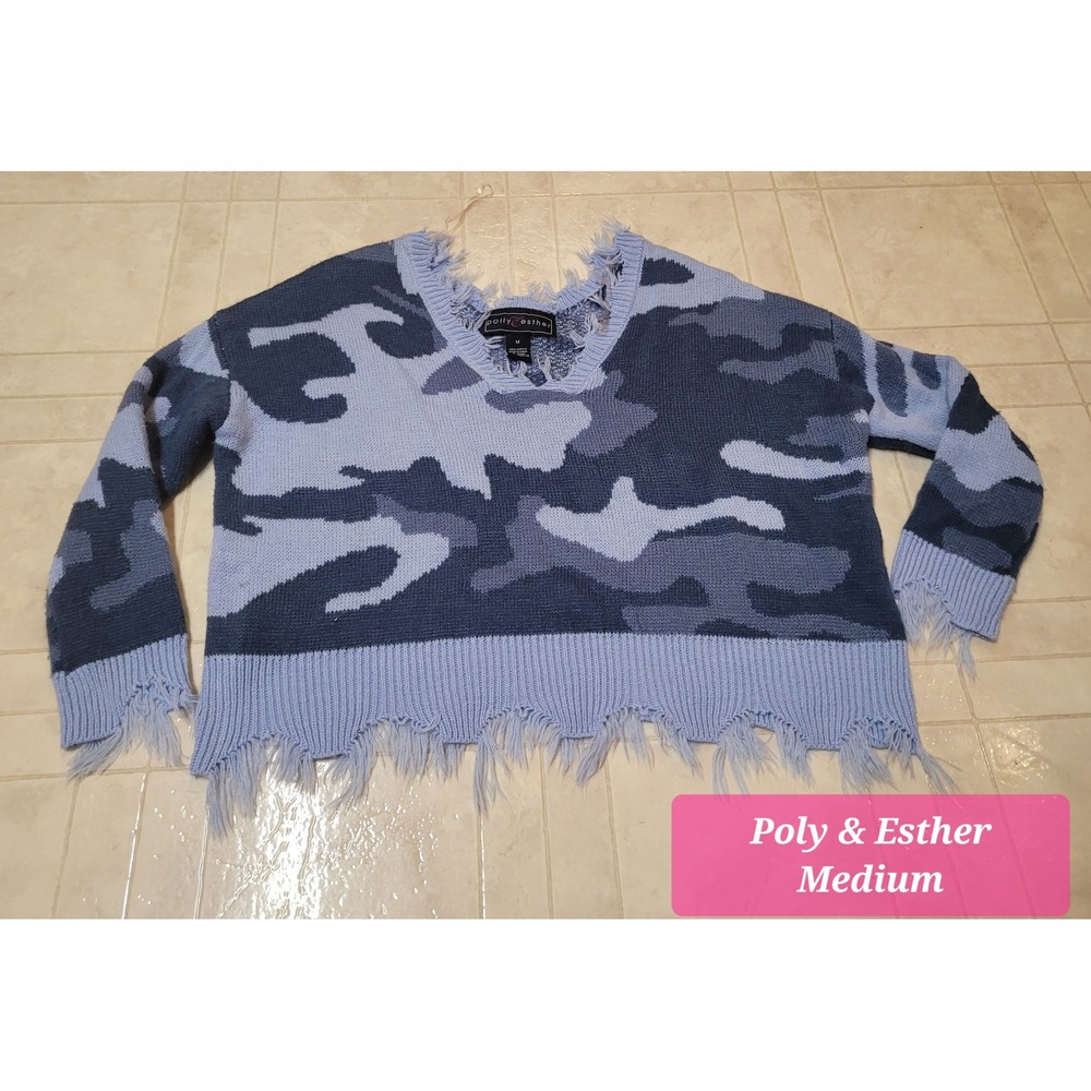 Poly & Esther Blue Camouflage Distressed Fringe Knit Sweater Medium